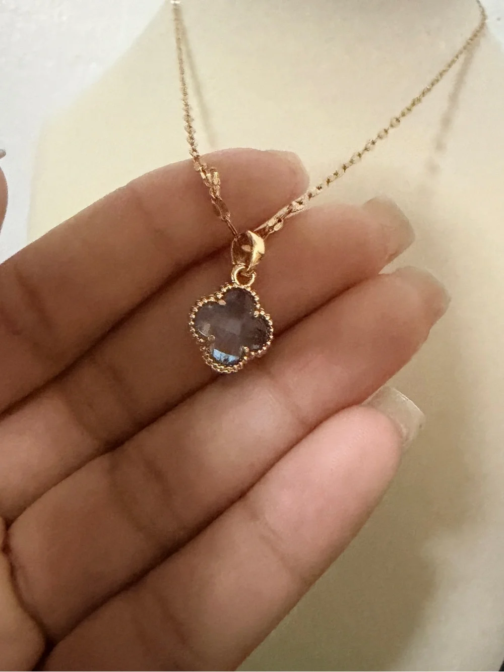 Gold Pendant Necklace with Light Blue Clover Stone